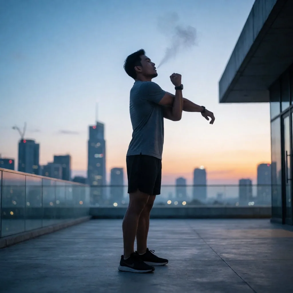 A man stretching on a Jakarta rooftop at dawn