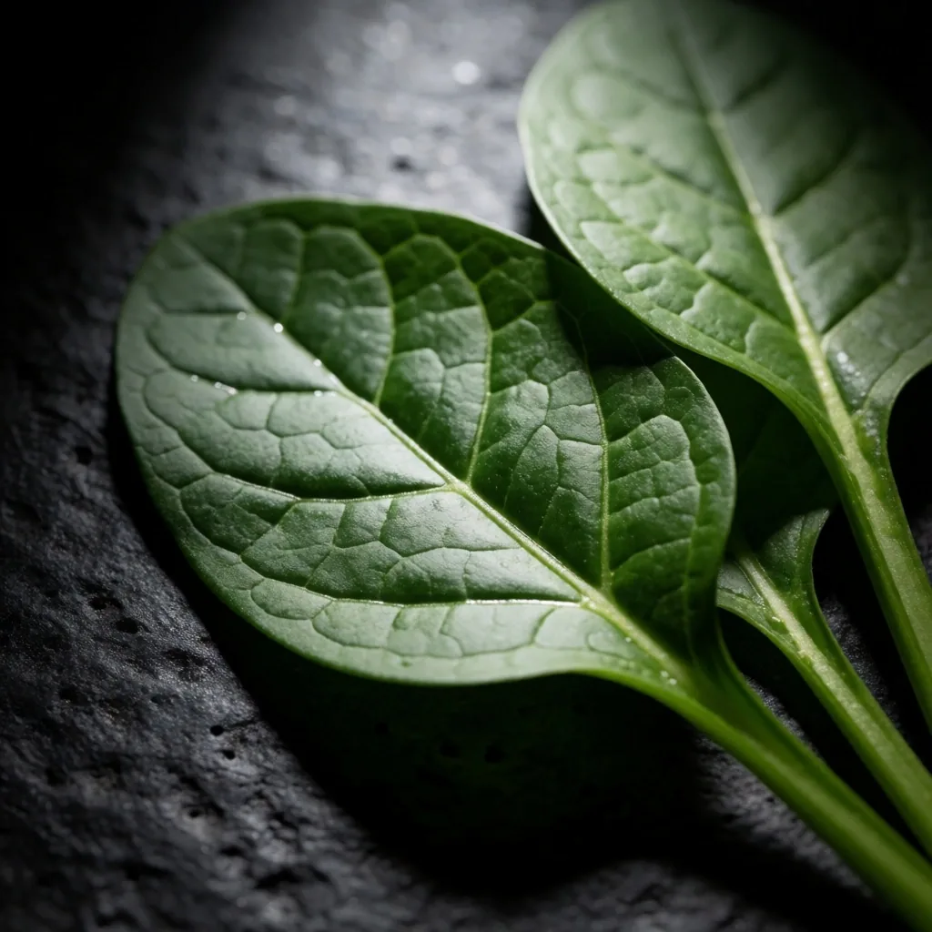 Botanical specimen photography of dark leafy greens under directional light