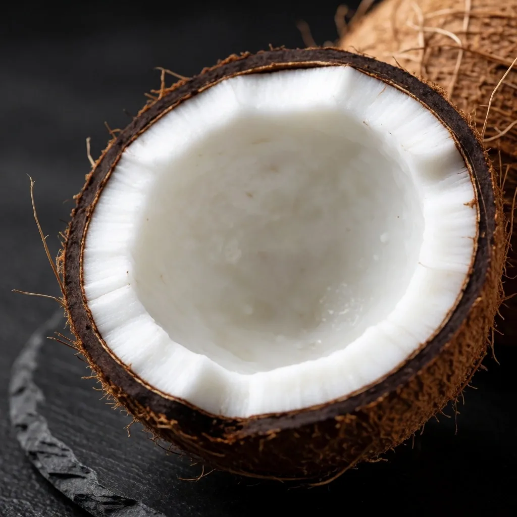 Close-up of a fresh Indonesian coconut under directional studio light