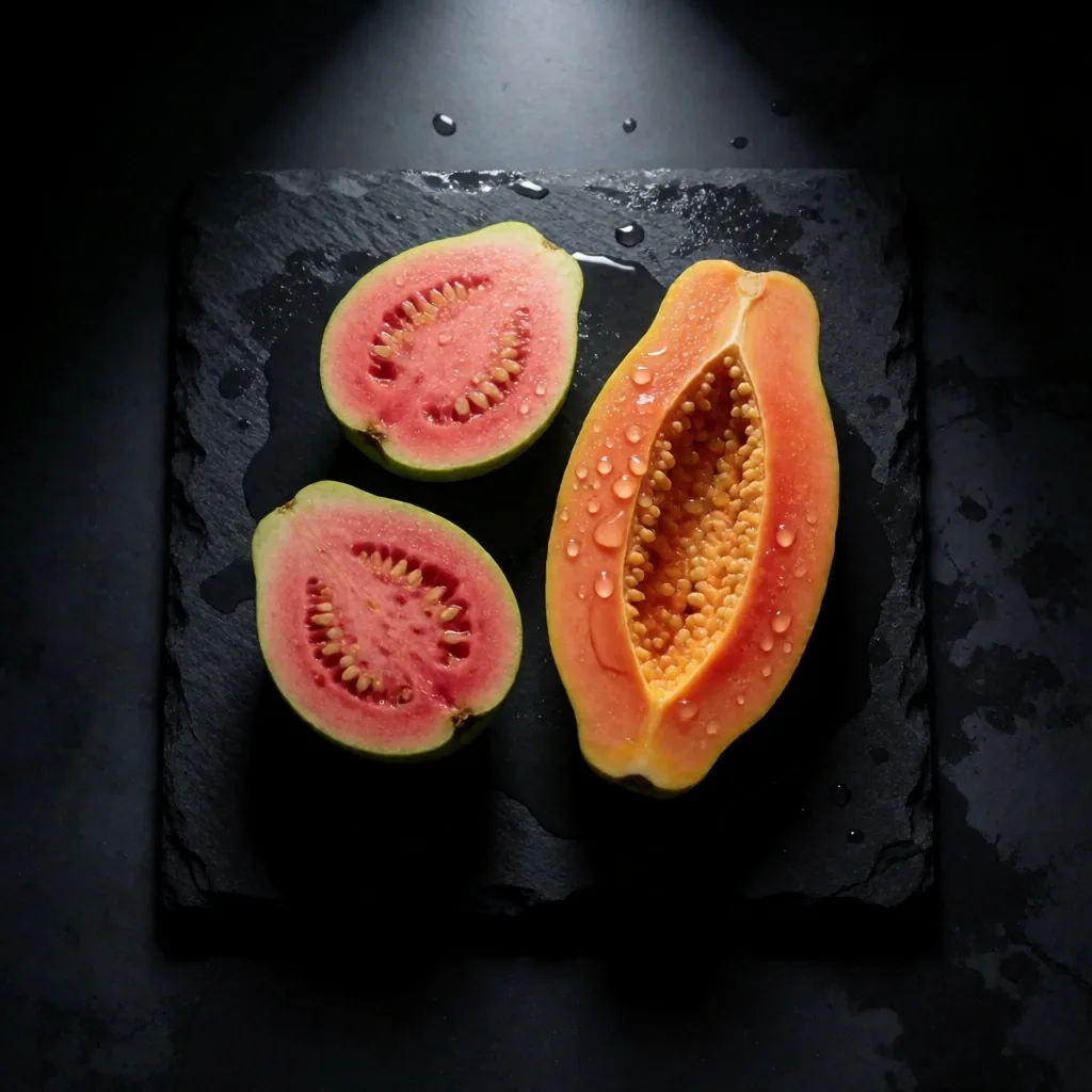 Sliced guava and papaya on a dark stone surface