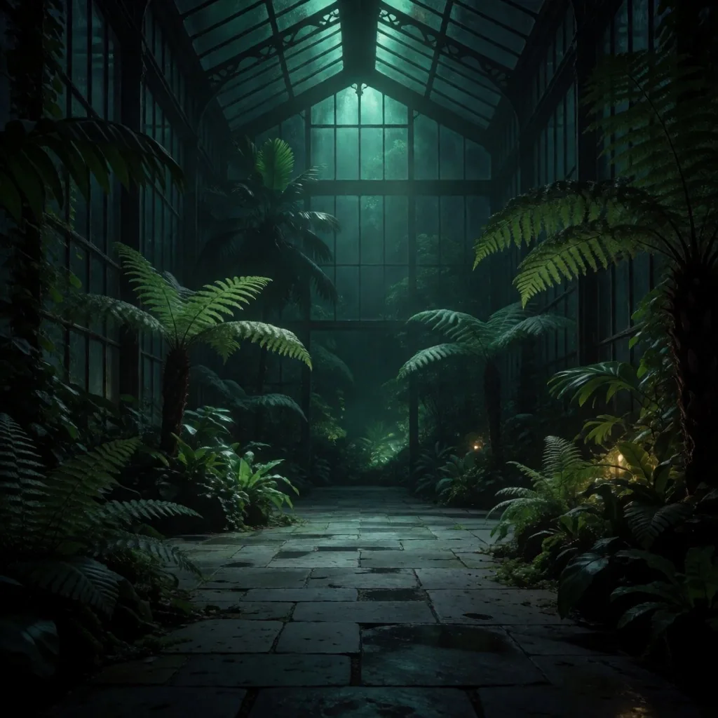 Dark botanical conservatory interior at night