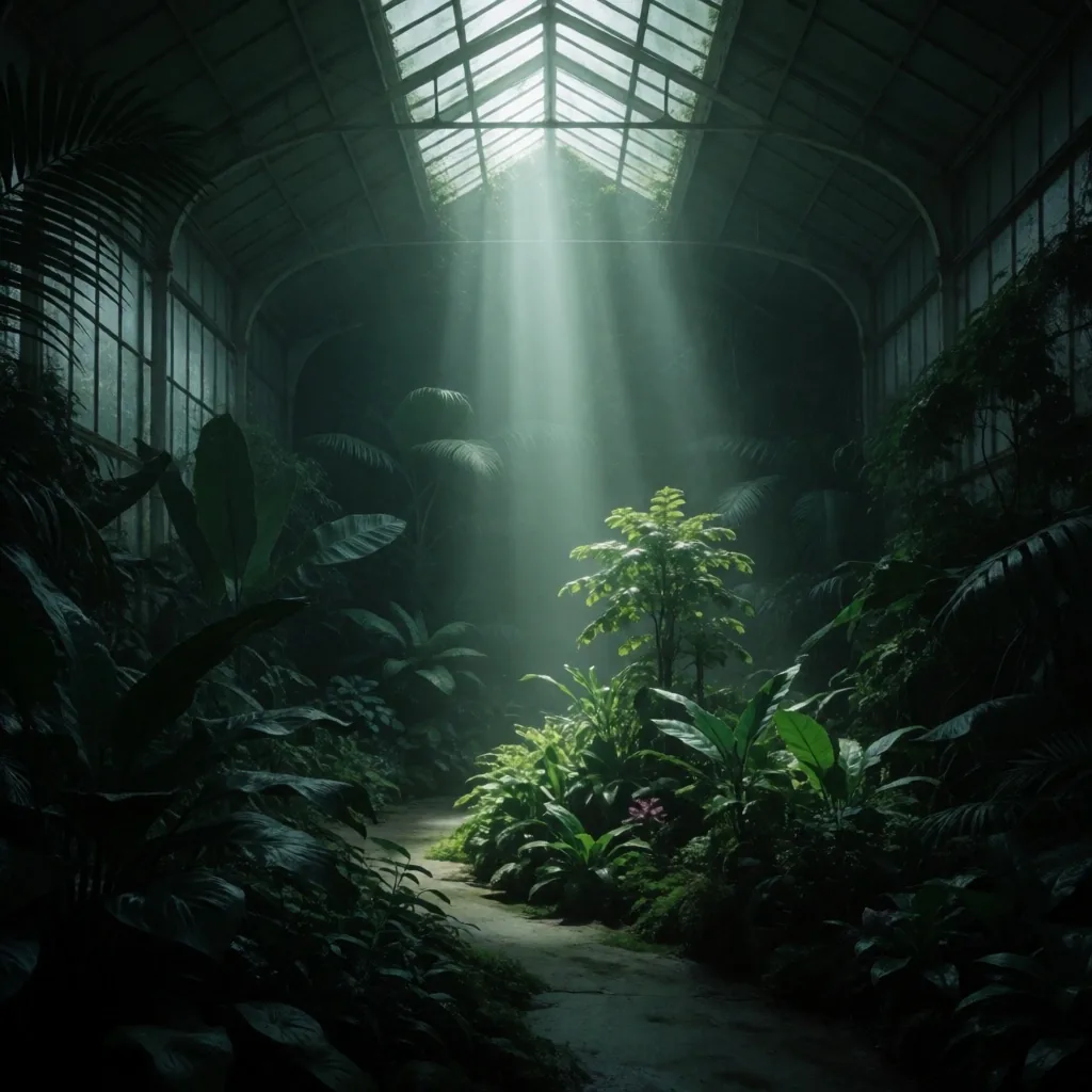 Botanical conservatory interior under moonlight